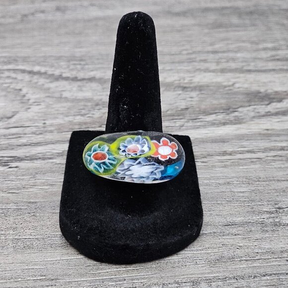 Murano Glass Italian Mosaic Multicolored Millefiori Floral Ring 7.5 - Picture 5 of 8